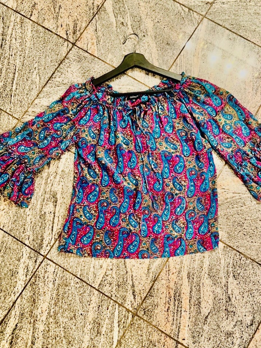 Boho Paisley Whimsical Off-Shoulder Blouse - Pink & Blue